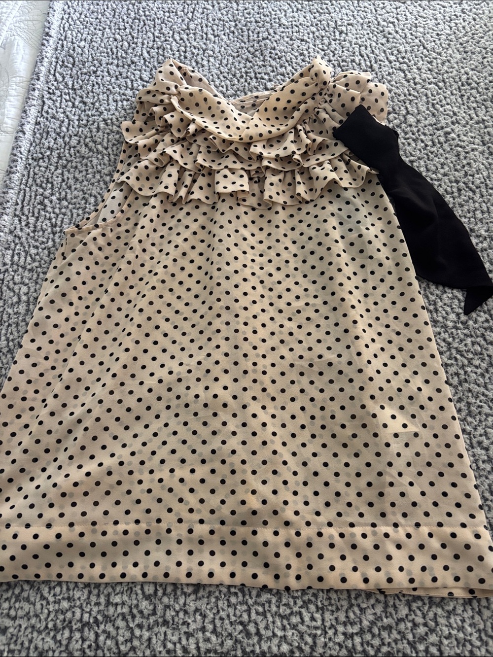 H&M Beige Polka Dot Ruffle Neck Blouse with Black Tie